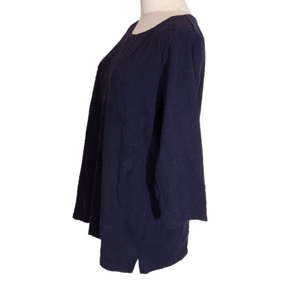 Talbots Navy Embroidered 100% Cotton 3/4 Sleeve Knit Top Women's Size L - Picture 4 of 14